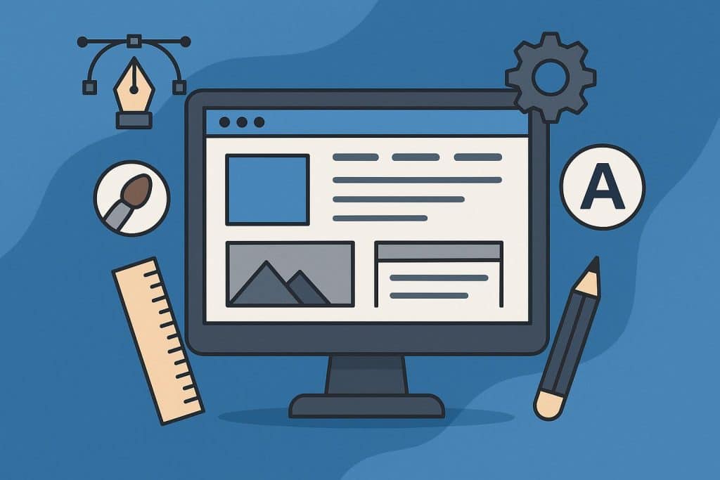 Modern website design concept with branding elements, creative layout, and digital interface graphics