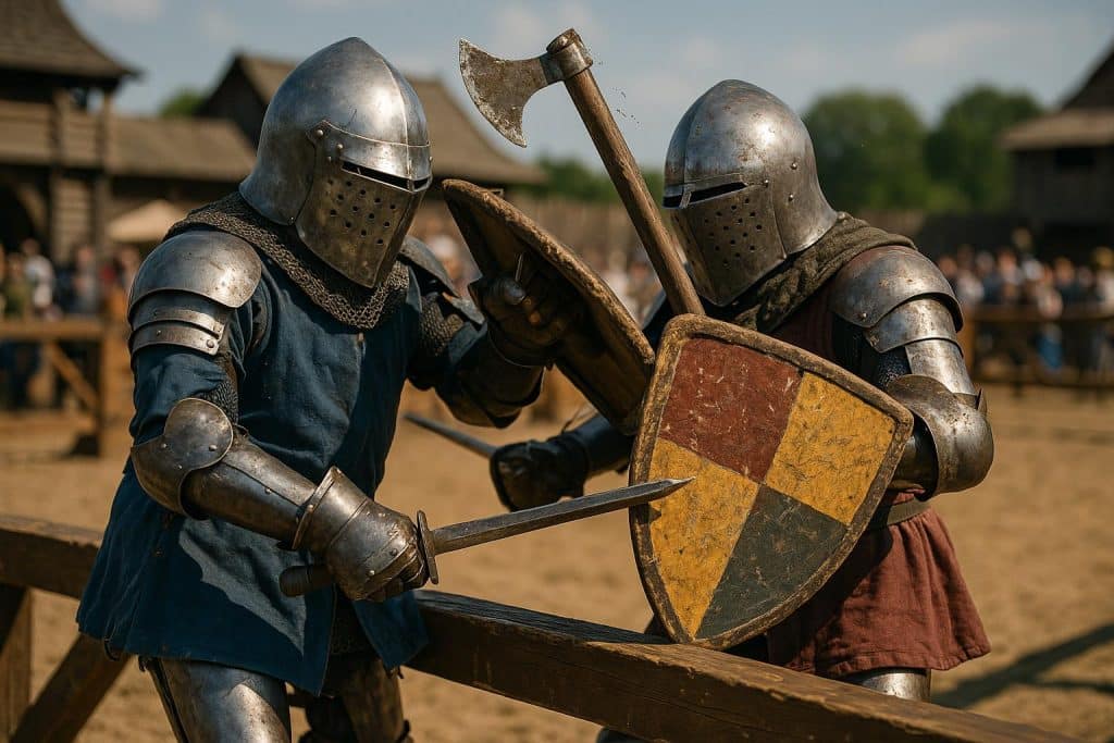 The Modern Knights: How Buhurt Revived the Spirit of Medieval Combat Armored fighters clashing with swords in a modern Buhurt medieval combat tournament reenactment
