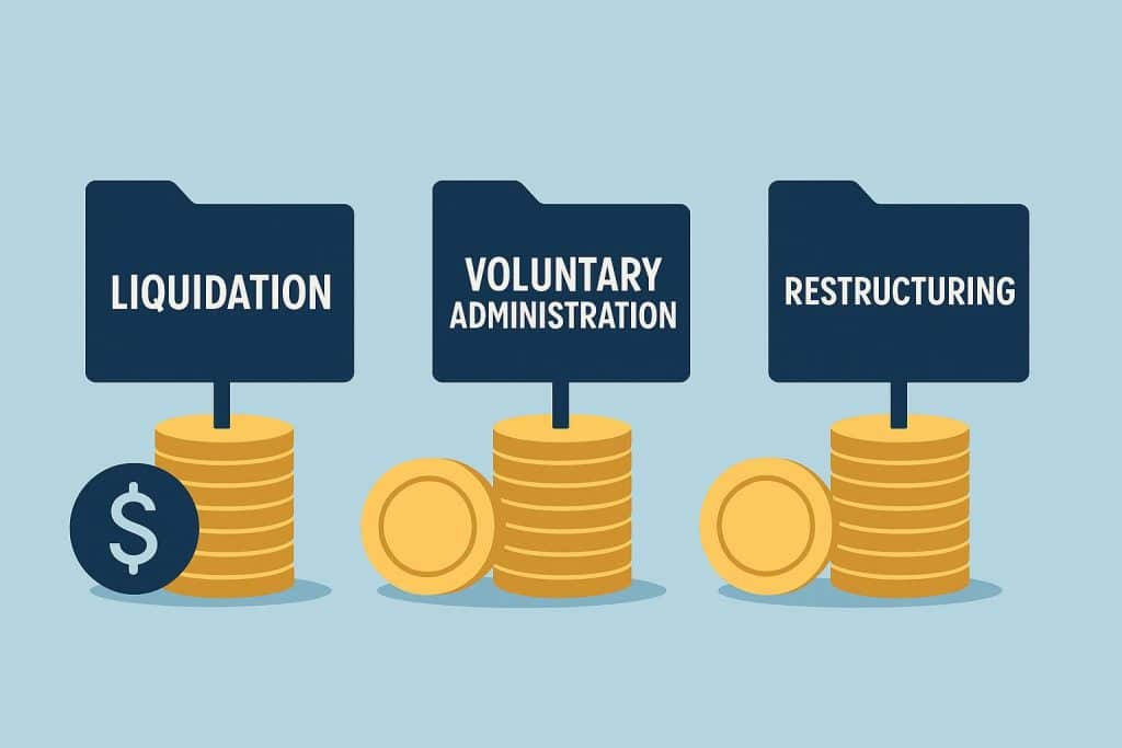 Liquidation, Voluntary Administration, and Restructuring: The Simple Differences Business concept showing liquidation, voluntary administration, and restructuring processes comparison