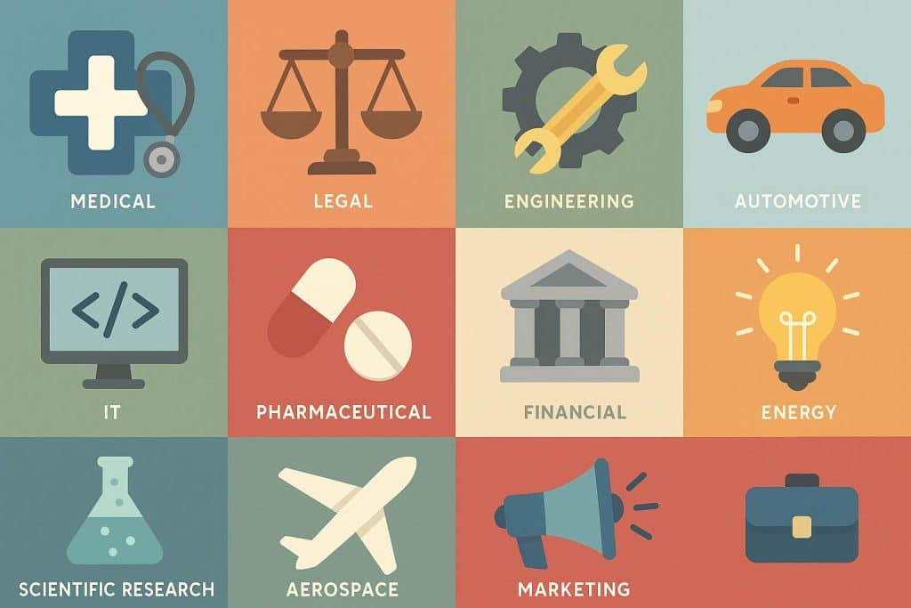 10 Industries Where Specialist Translation Services Make All the Difference Assorted industry icons highlighting sectors that benefit from specialist translation services