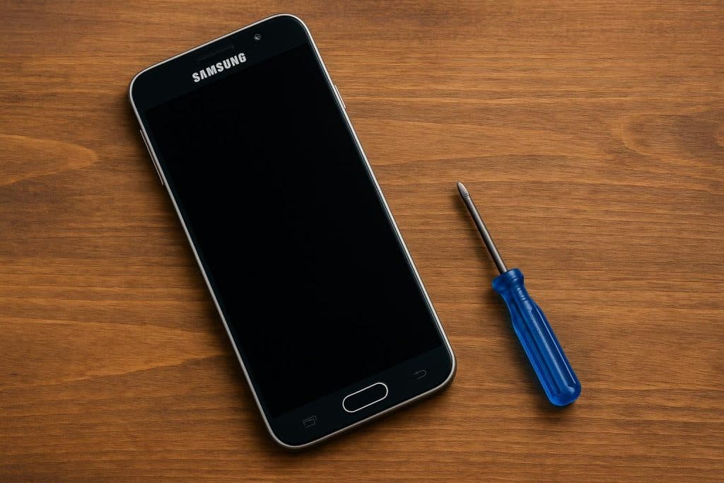 Samsung smartphone displaying black screen with troubleshooting steps for repair and recovery