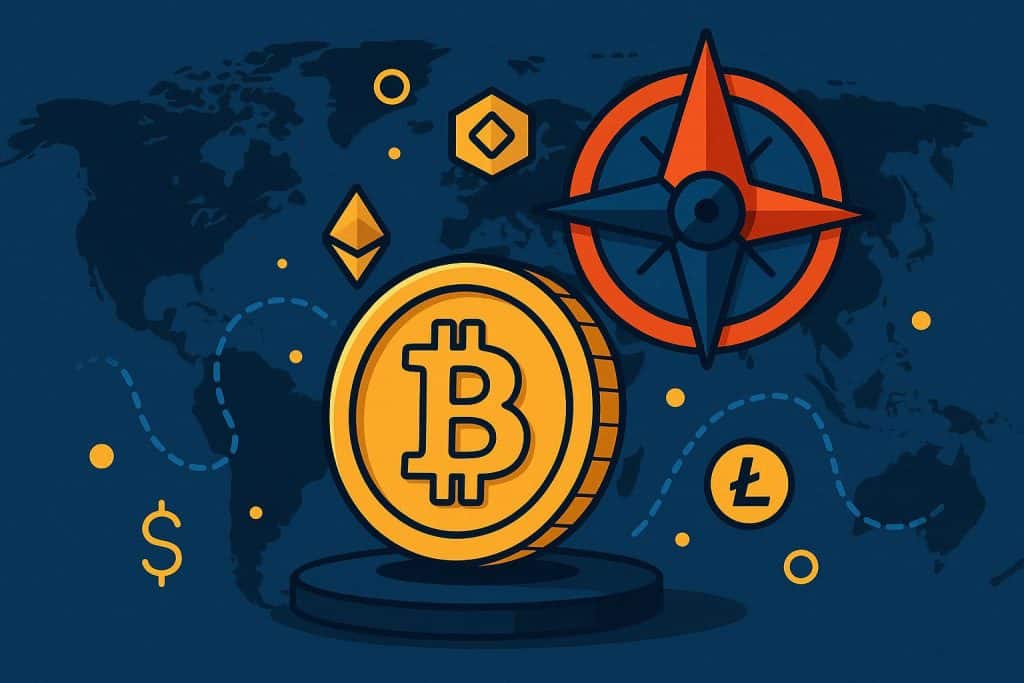 Digital coins and blockchain symbols representing cryptocurrency finance and online trading.