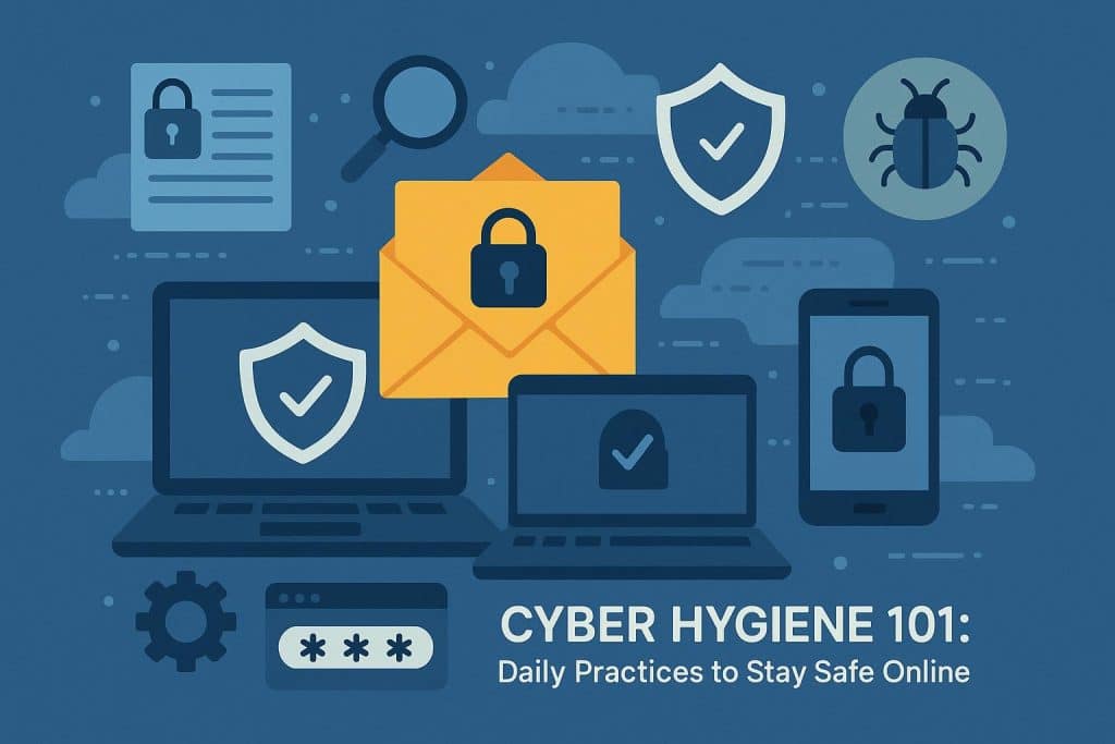 Cyber Hygiene 101: Daily Practices to Stay Safe Online Laptop with shield icon, padlock, and security symbols illustrating daily cyber safety practices