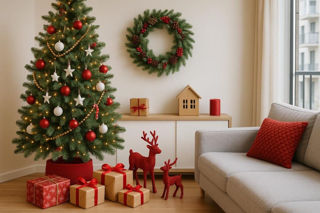 Stylish Christmas decor ideas featuring festive wreaths, ornaments, and lights for condo spaces