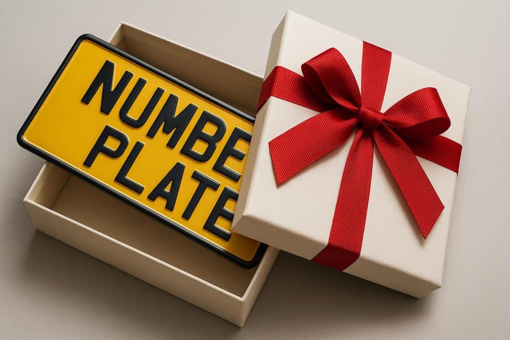 Personalized number plate wrapped with a red gift bow on a car, unique gift idea