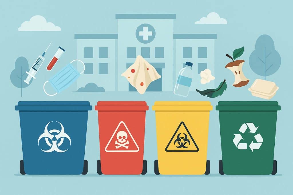 Best Practices for Hospital Waste Segregation to Improve Safety and Compliance Color-coded hospital waste bins labeled for segregation in a healthcare facility setting