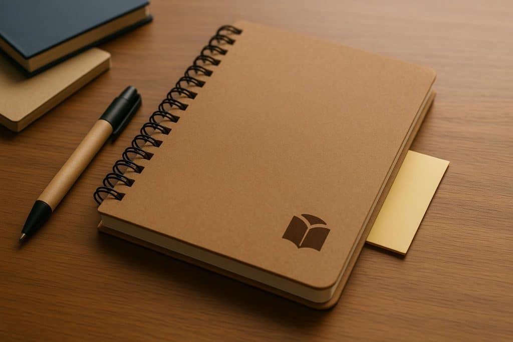Ideas That Stick: How Branded Notebooks Leave a Lasting Impression Branded notebooks with custom logos arranged on a desk to highlight lasting brand impressions