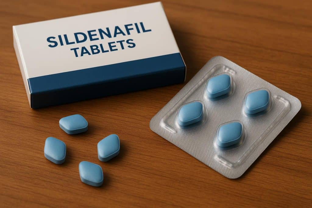 Blister pack of sildenafil tablets on a pharmacy counter for first-time user guide