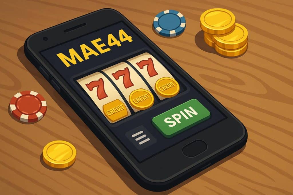 Mobile phone displaying MAE44 gaming app with free credit and smooth gameplay tips highlighted