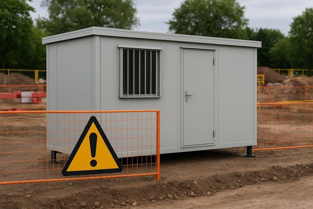 Anti-vandal cabin securing equipment and tools on a UK construction site for enhanced safety