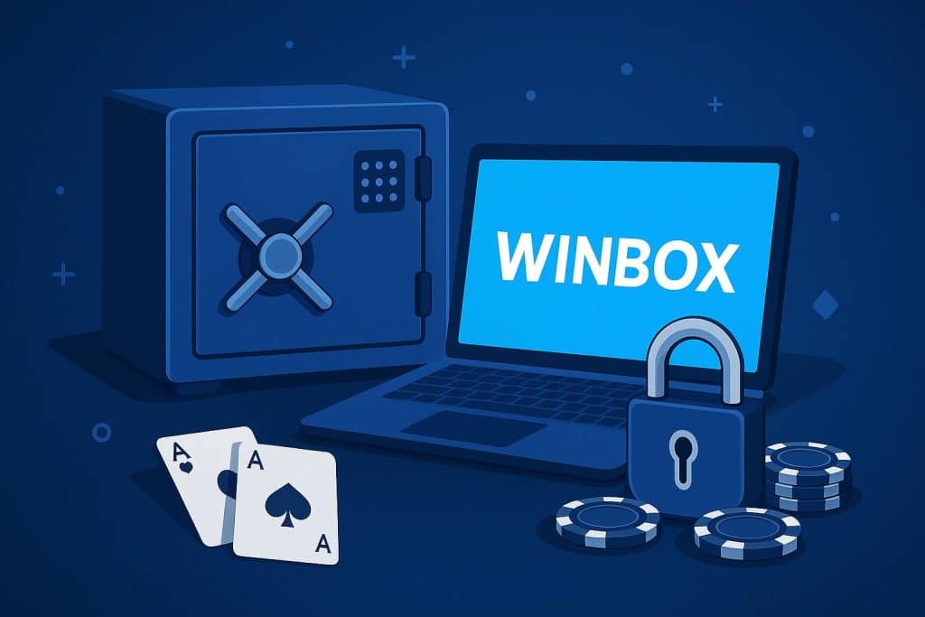 Winbox platform interface showcasing features, security options, and player tips for users