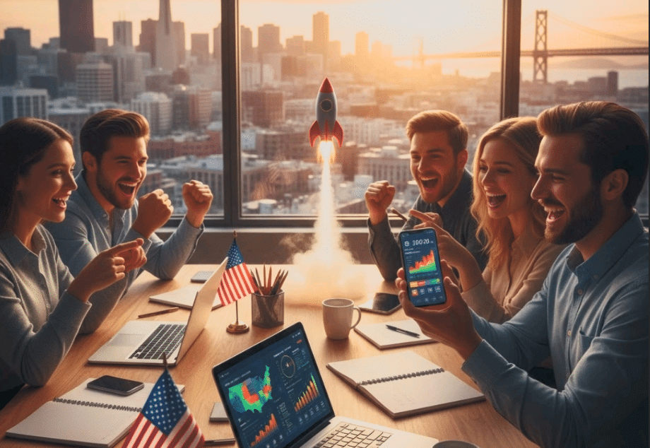 Smartphone displaying new app launch with USA map backdrop, symbolizing successful app entry