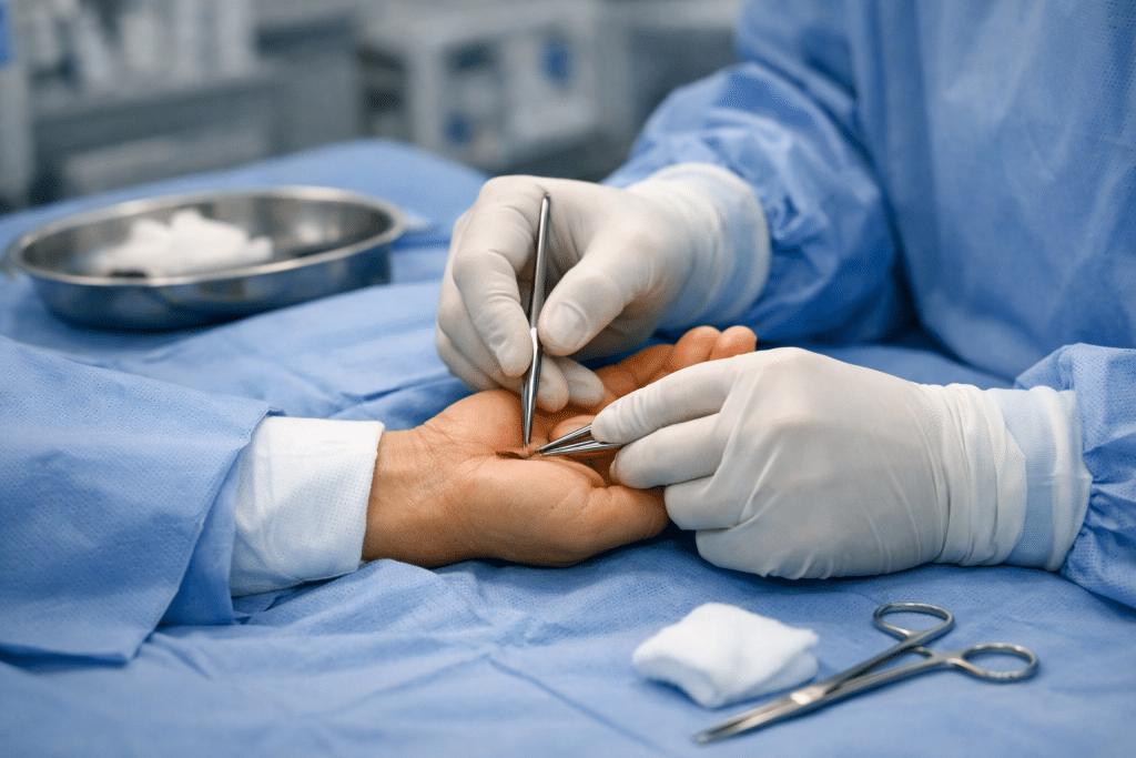 What to Expect Before, During and After Carpal Tunnel Surgery Surgeon preparing wrist for carpal tunnel surgery with medical tools and bandages visible