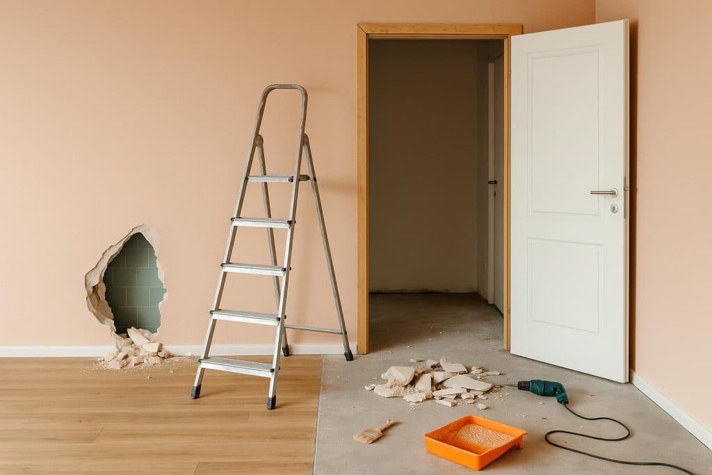 Modern kitchen with unfinished cabinets and renovation tools, illustrating common remodeling mistakes