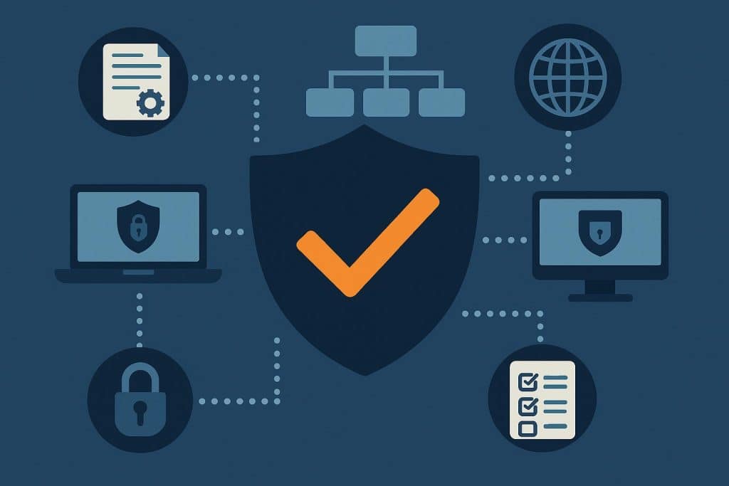 Device Policy Architecture That Maps to ISO 27001 & CIS Baselines Abstract network diagram illustrating device policy architecture aligned with ISO 27001 and CIS standards