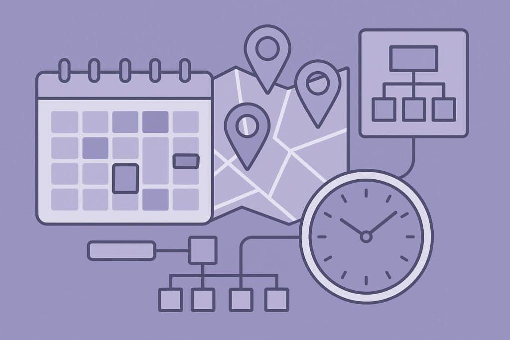 Appointment calendar and map pins illustrating scheduling solutions for multi-location salons