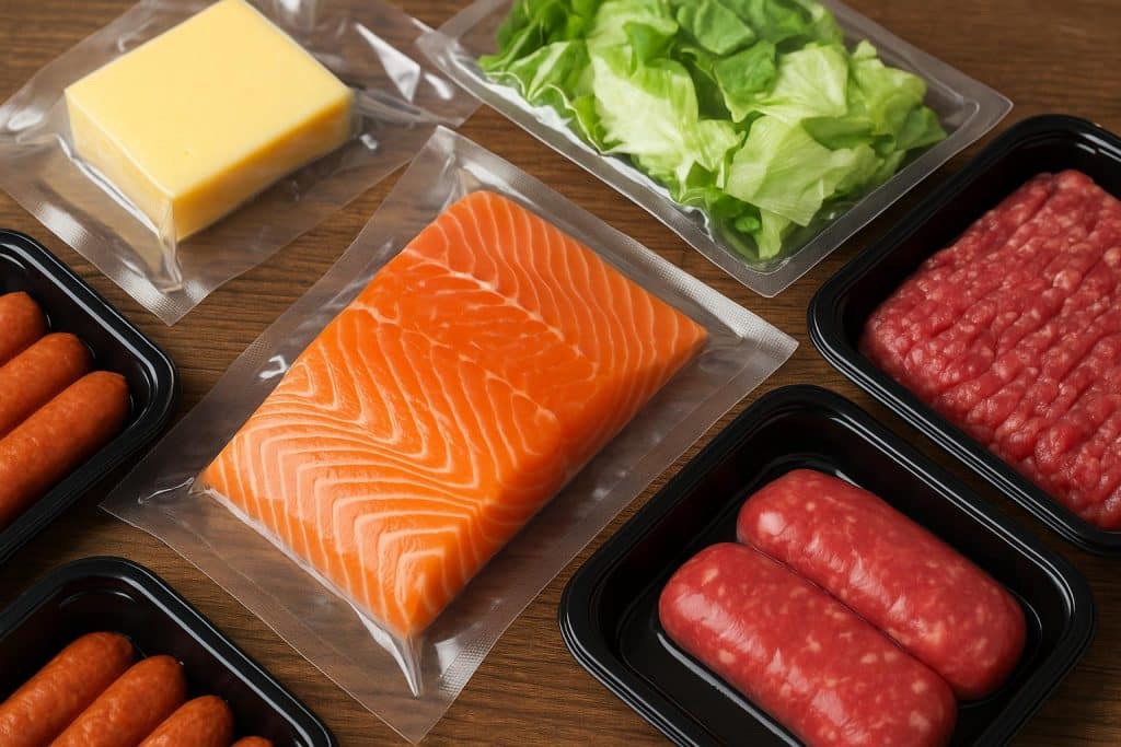 Sealed vacuum-packed and MAP food products highlighting packaging integrity and safety