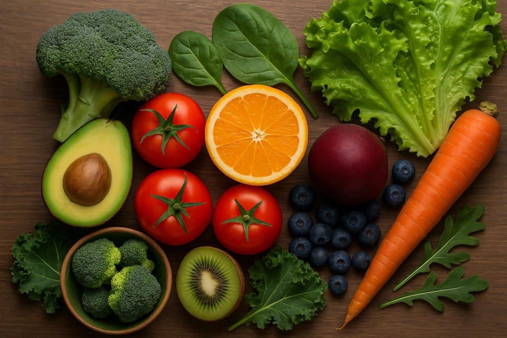 Colorful assortment of fresh fruits and vegetables highlighting produce-derived nutrition benefits