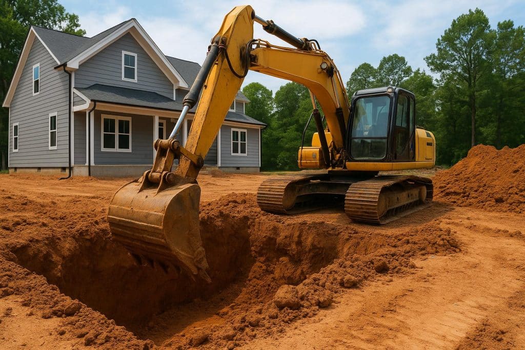 Excavators breaking ground at a new home construction site in Durham, NC