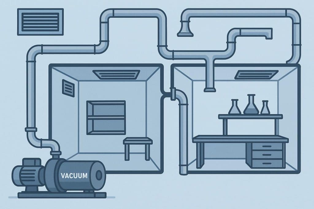 Vacuum piping network illustrating cleanroom and laboratory design features and airflow systems