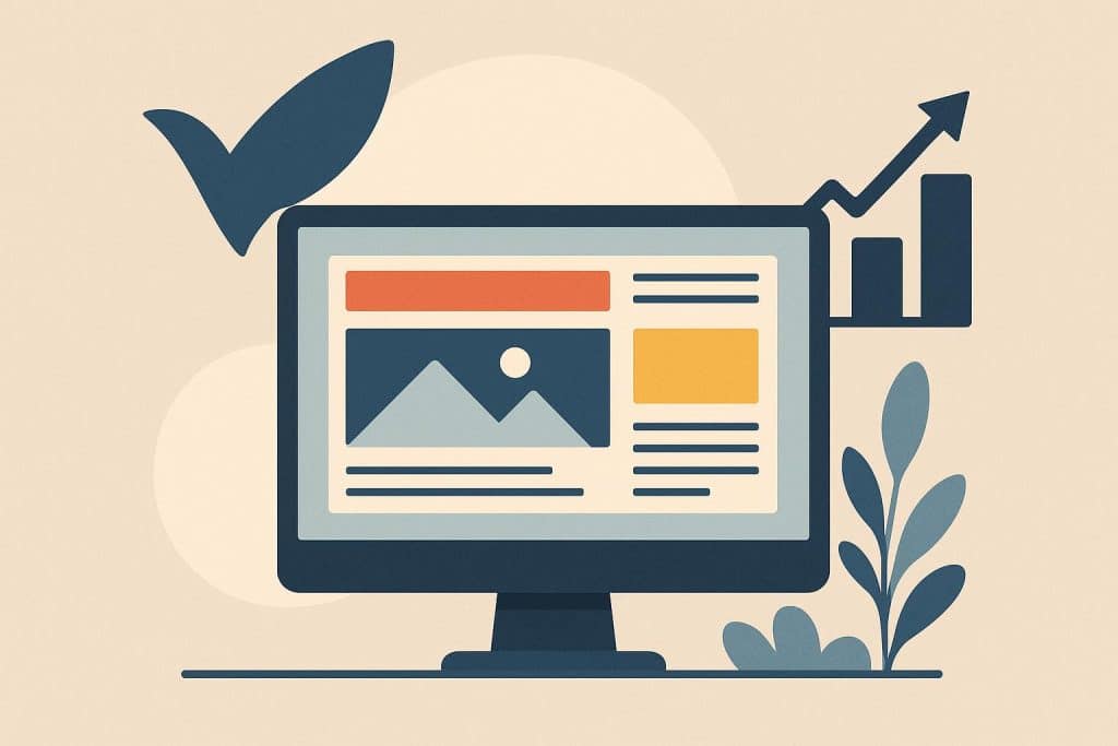 Modern website layout showcasing brand colors and logo, highlighting strategic web design elements.