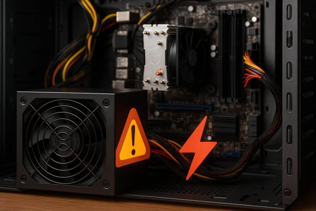 Computer power supply unit with warning signs highlighting risks of incorrect PSU wattage for PCs