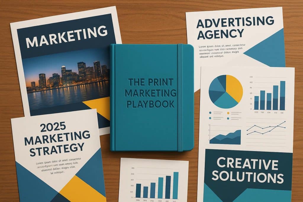 Modern print marketing materials like brochures and magazines displayed on a desk with branding tools