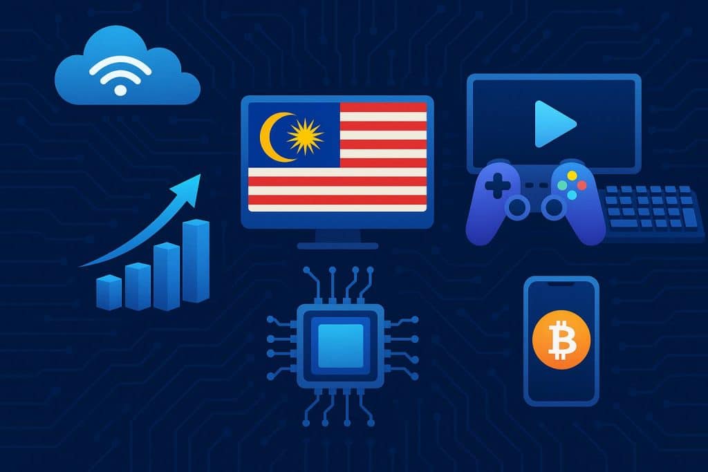 5 Tech Trends Powering Malaysia’s Online Gaming Boom Digital gaming devices and futuristic graphics highlighting technology trends in Malaysia gaming industry