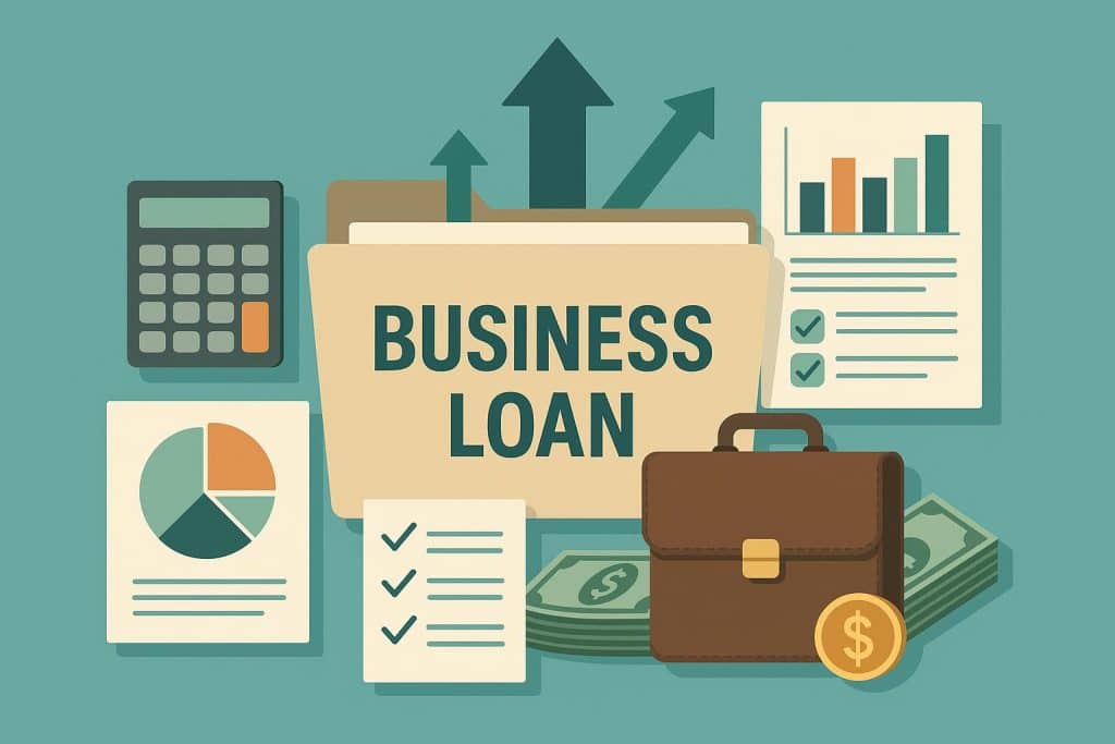 Small business owner reviewing financial documents and loan options at a desk for business funding
