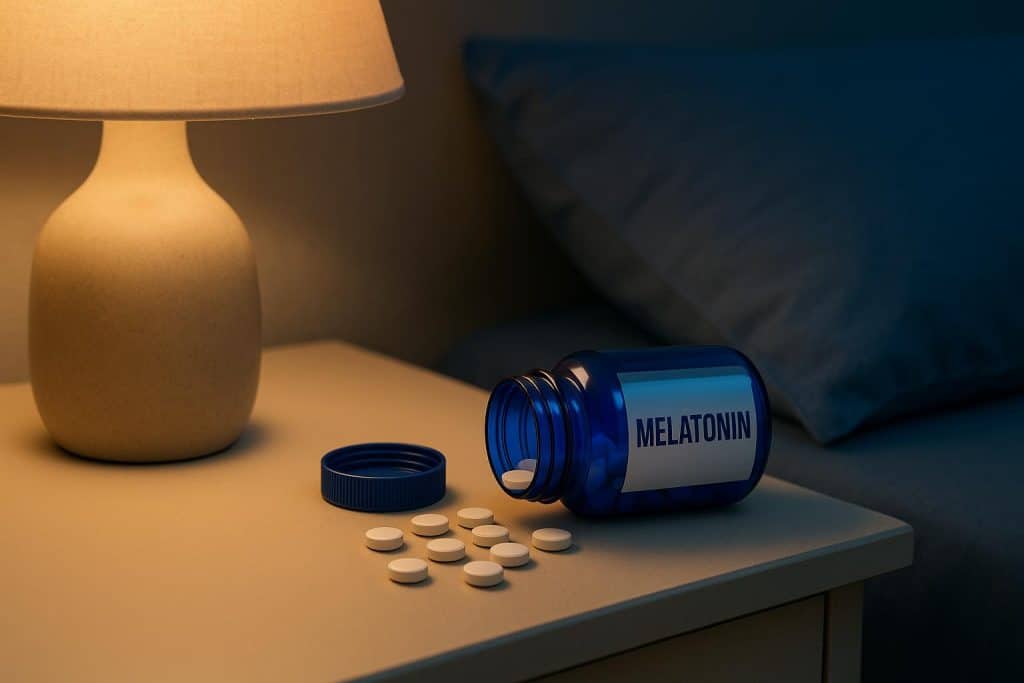Melatonin supplements with a crossed-out symbol and natural sleep aids on a bedside table