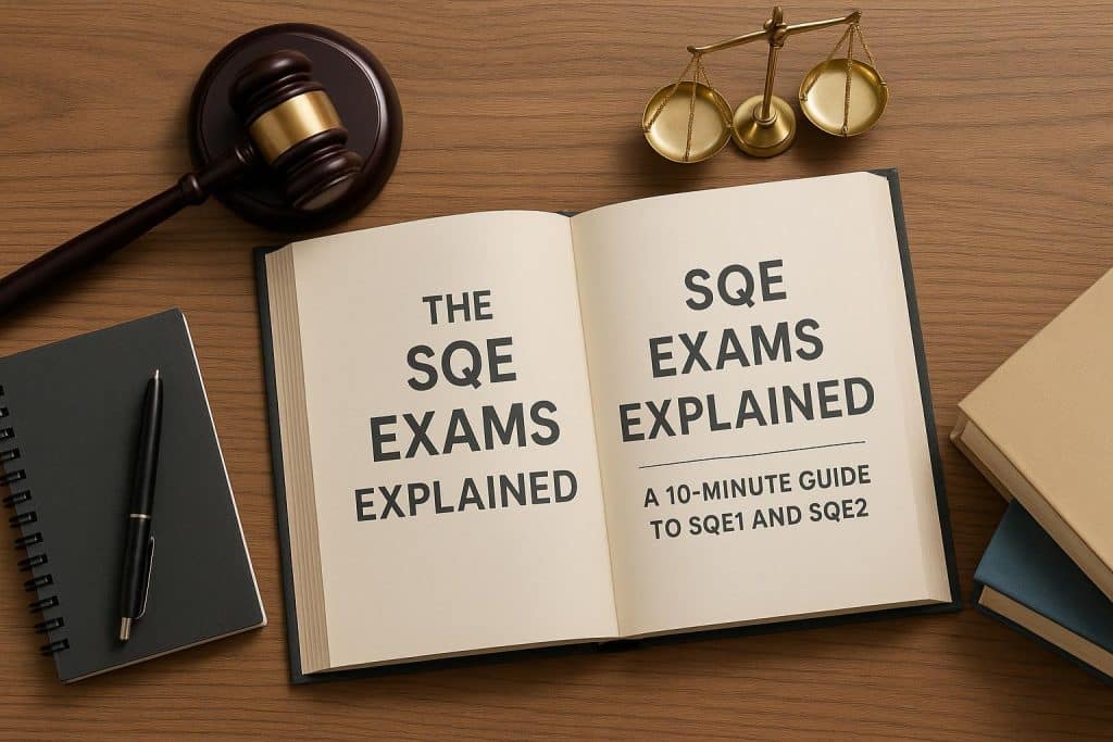 SQE1 and SQE2 exams overview with study materials and legal symbols for solicitor qualification