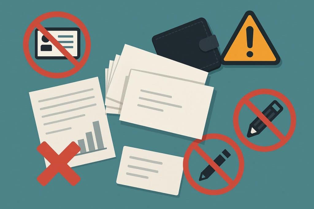 Stack of business cards with design errors like typos and poor layout on an office desk