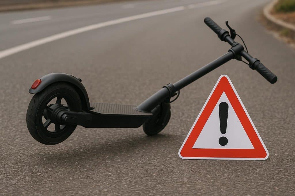 Electric scooter parked on city sidewalk, highlighting safety concerns and urban transport issues
