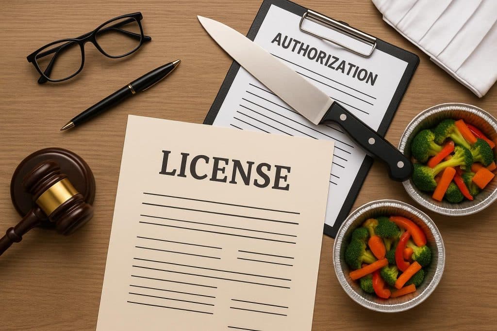 What Are the Licenses and Authorizations Needed for a Catering Business? Catering business paperwork with licenses, permits, and legal documents on a desk