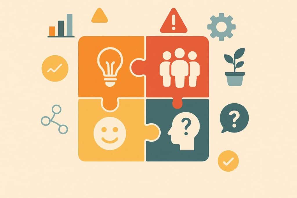 Abstract illustration representing diverse personality types collaborating in a workplace setting