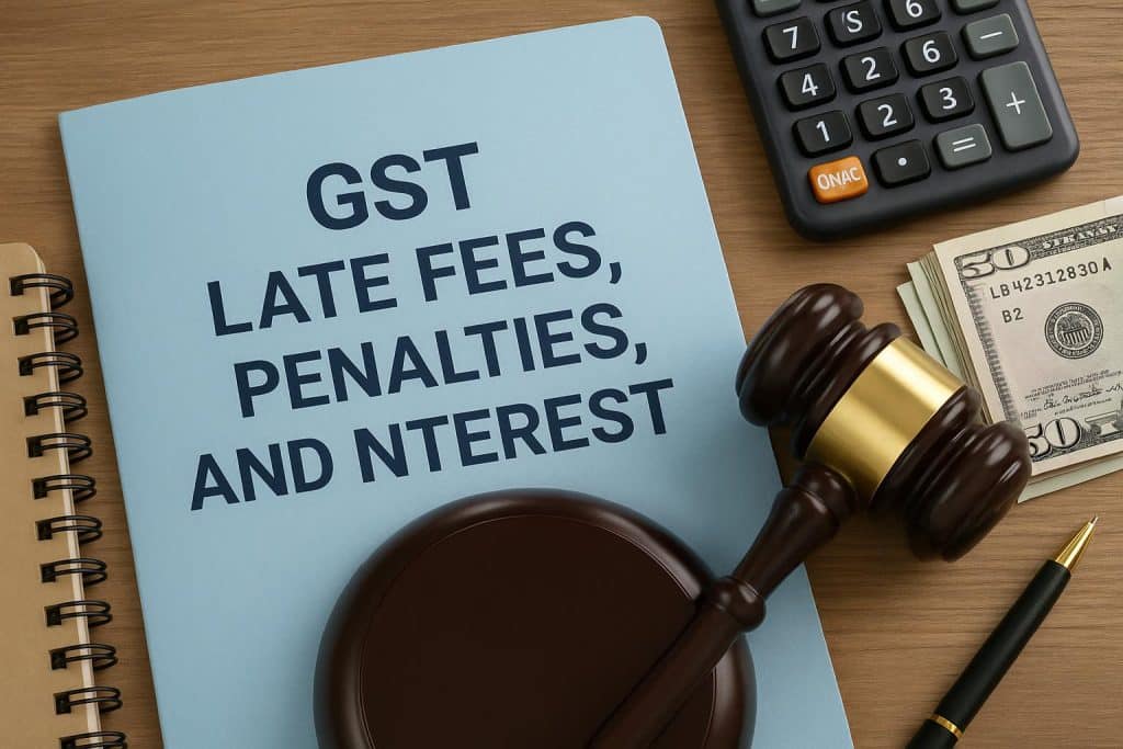 GST late fees and penalty notification with calculator, financial documents, and tax forms
