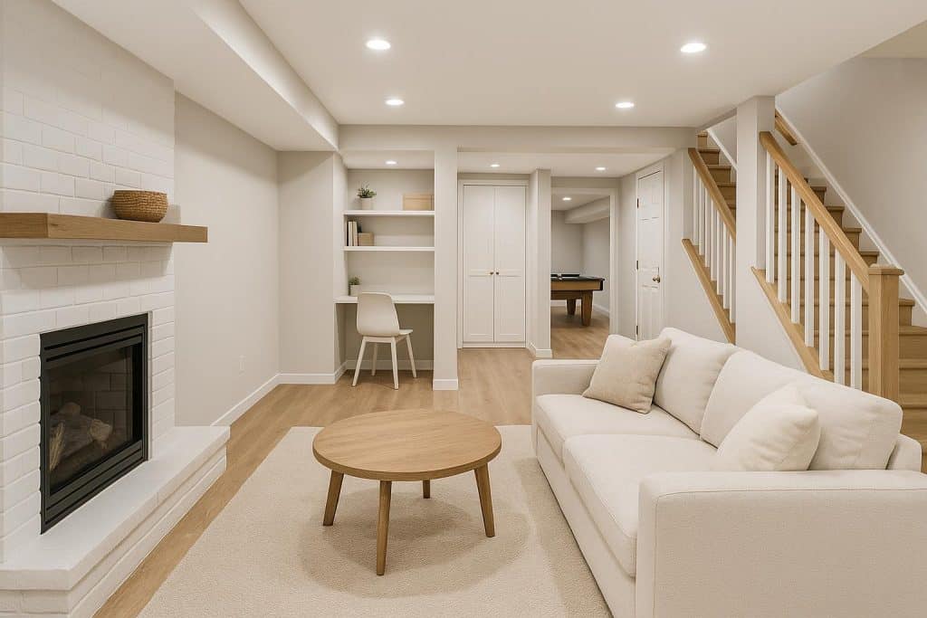 The Most Popular Basement Remodeling Services in Kent, WA Modern finished basement with home theater and bar, showcasing popular remodeling in Kent WA