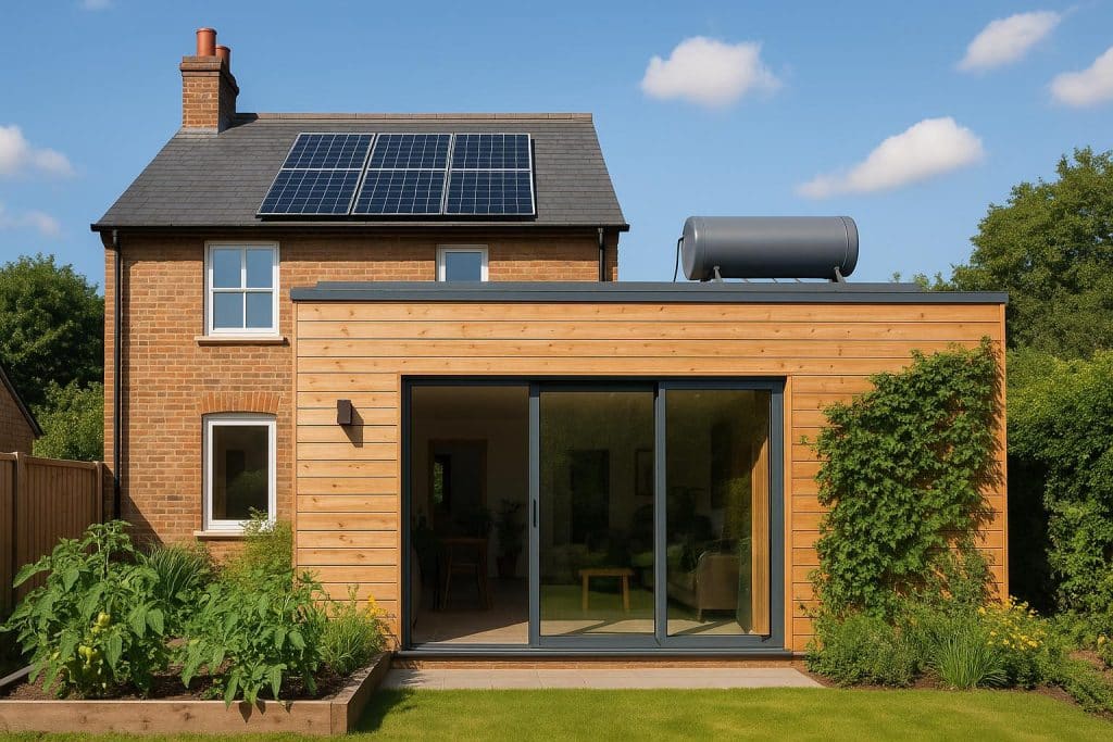 Eco-friendly home extension with solar panels showcasing sustainable energy-saving design