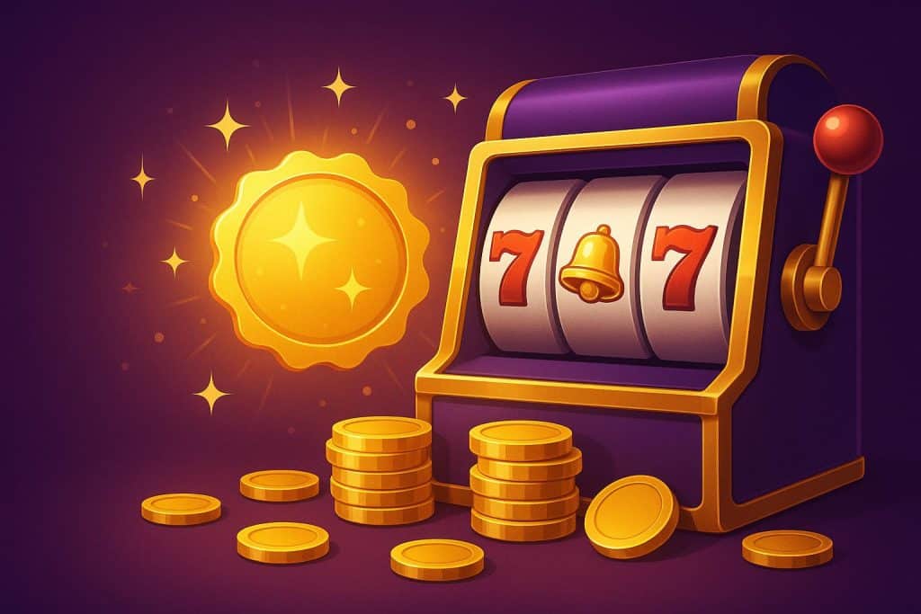 Colorful slot machine reels with free credit bonus icons and bright casino background