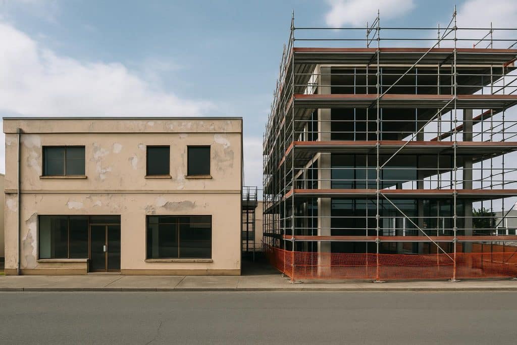 Renovate or Rebuild? The Decision That Could Save or Sink Your Commercial Investment Modern commercial building under construction with renovation and demolition equipment visible