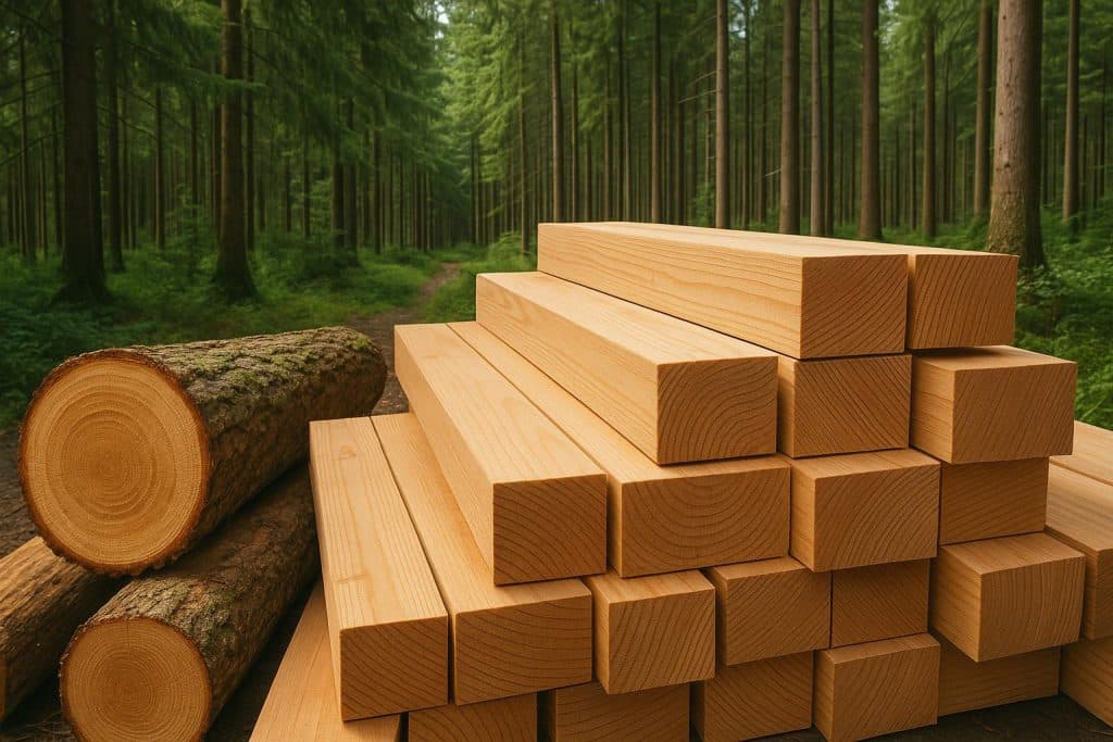 Sustainable lumber stacks in a forest setting, highlighting eco-friendly building materials