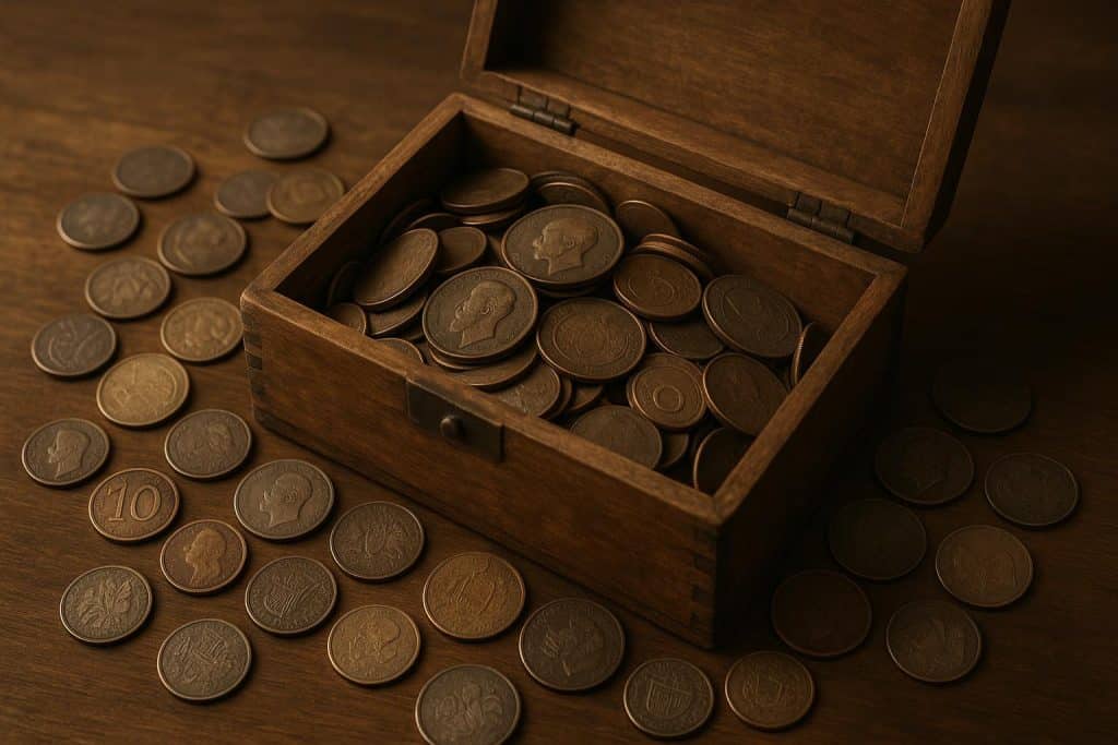 You Just Inherited a Box of Old Coins. Now What? Assorted vintage coins spilling from an old wooden box, symbolizing inherited coin collection