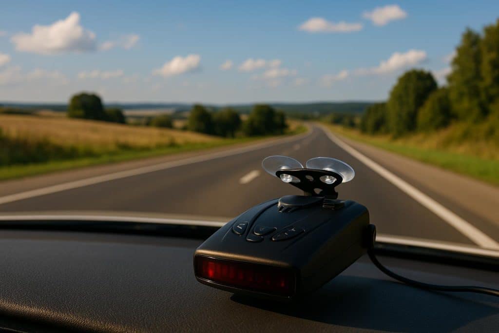 Top-Rated Radar Detectors for Cross-Country Drivers – The Best Companion for the Open Road Radar detector mounted on car dashboard with highway in background for cross-country driving
