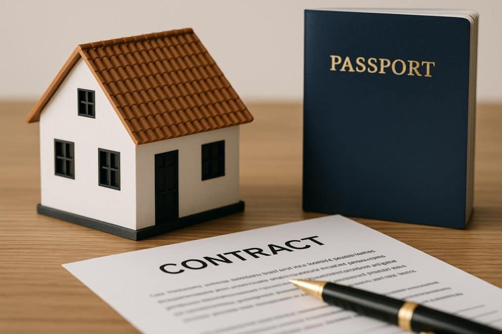 Keys on a contract with a small house model representing foreign property purchase process