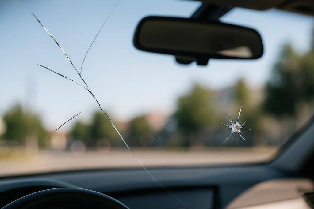 Crack or Chip? Know When to Repair vs. Replace Your Windshield Damaged windshield with visible crack and chip, highlighting repair versus replacement decision