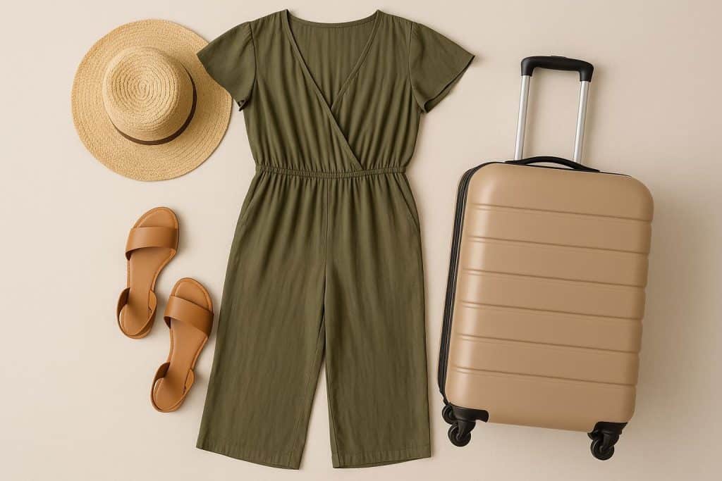 Stylish travel jumpsuit paired with sneakers and carry-on bag at a modern airport terminal
