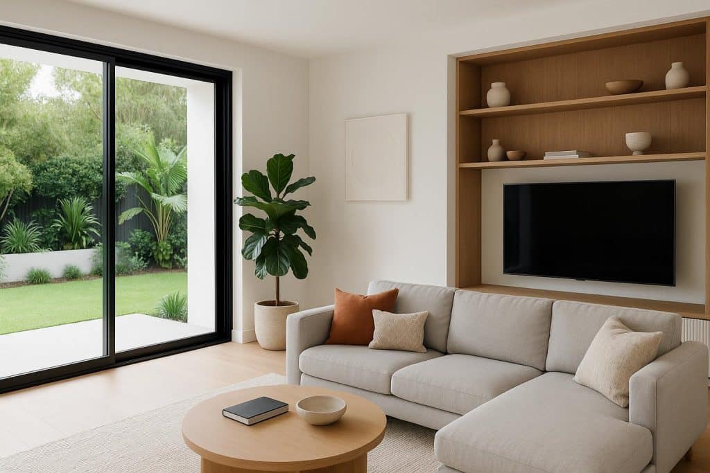Contemporary open-plan Sydney family living room with minimalist furniture and natural light