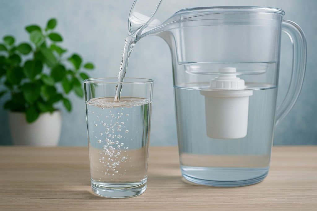Glass of filtered alkaline water with lemon on a kitchen counter, promoting hydration and wellness
