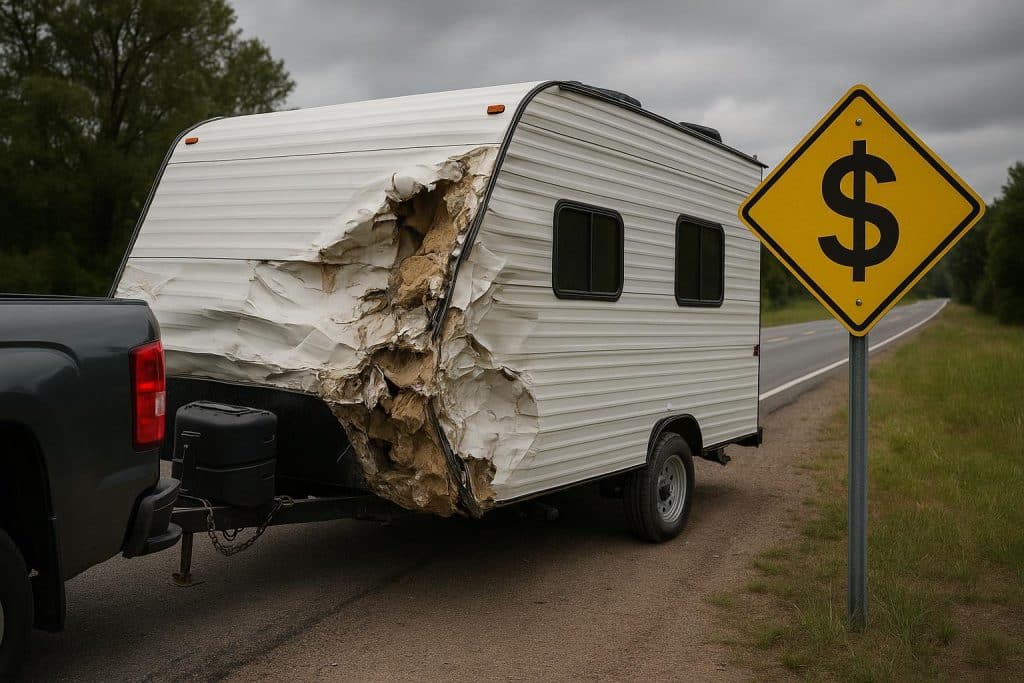 Camper trailer parked in a remote area, highlighting risks of traveling without insurance