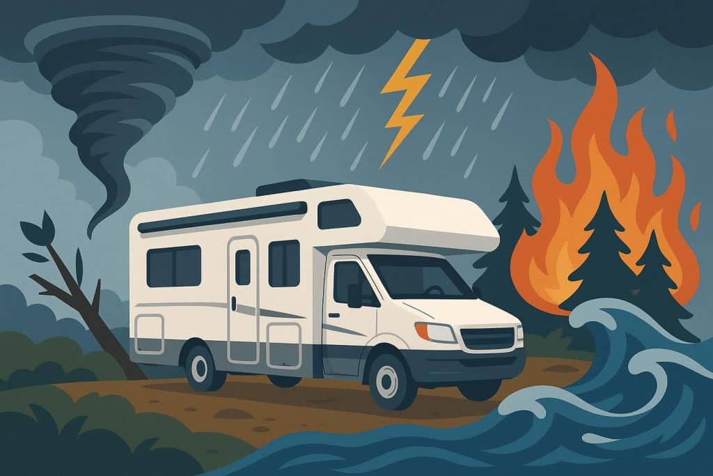 Damaged RV in severe storm with fallen tree, illustrating risks for RV insurance coverage